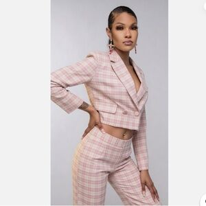 Tweed blazer, 7 For All Mankind, pink & white plaid cropped jacket (Jacket only)